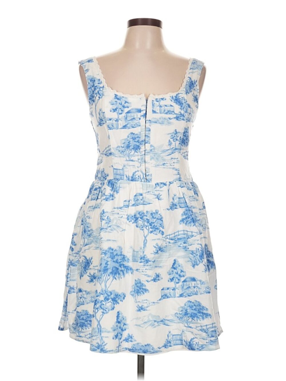 Japna Blue White Toile Mini Dress XS Lace Trim Fit & Flare Sundress